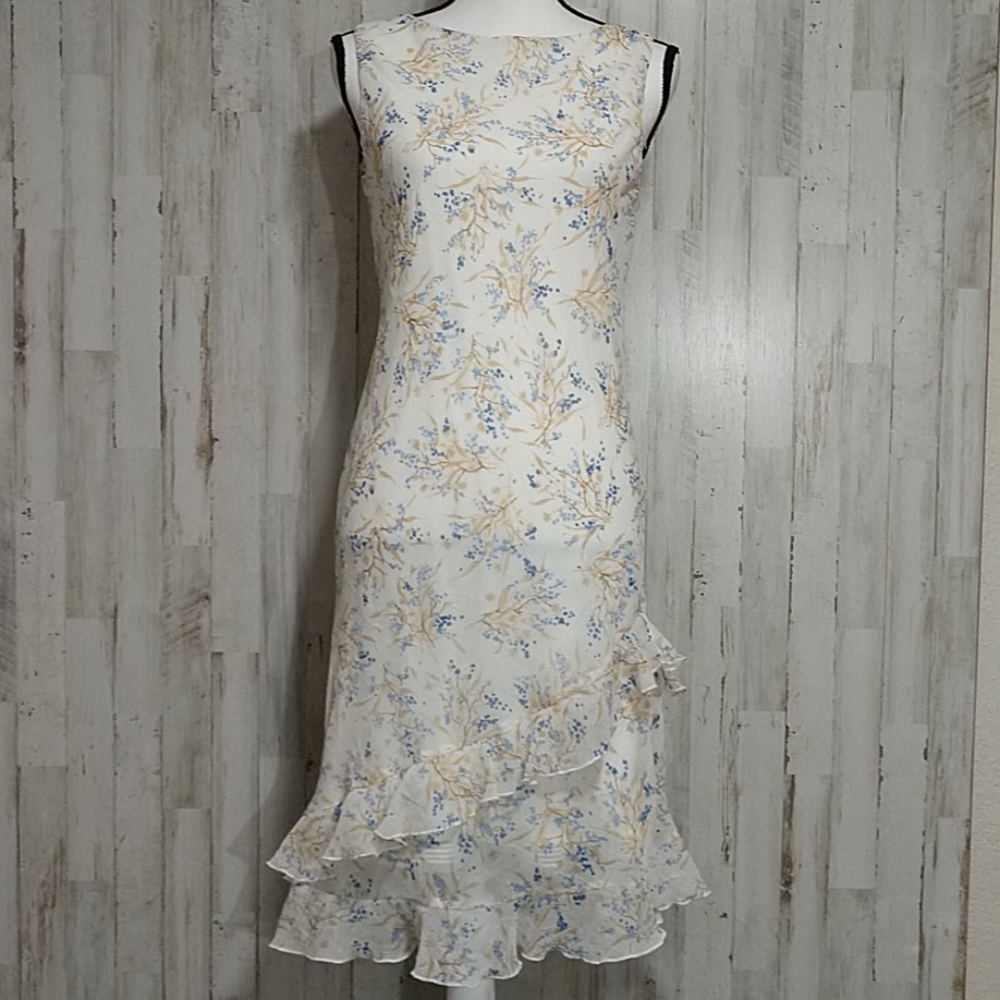 City Triangles Cream & Blue Floral  SleevelesDress